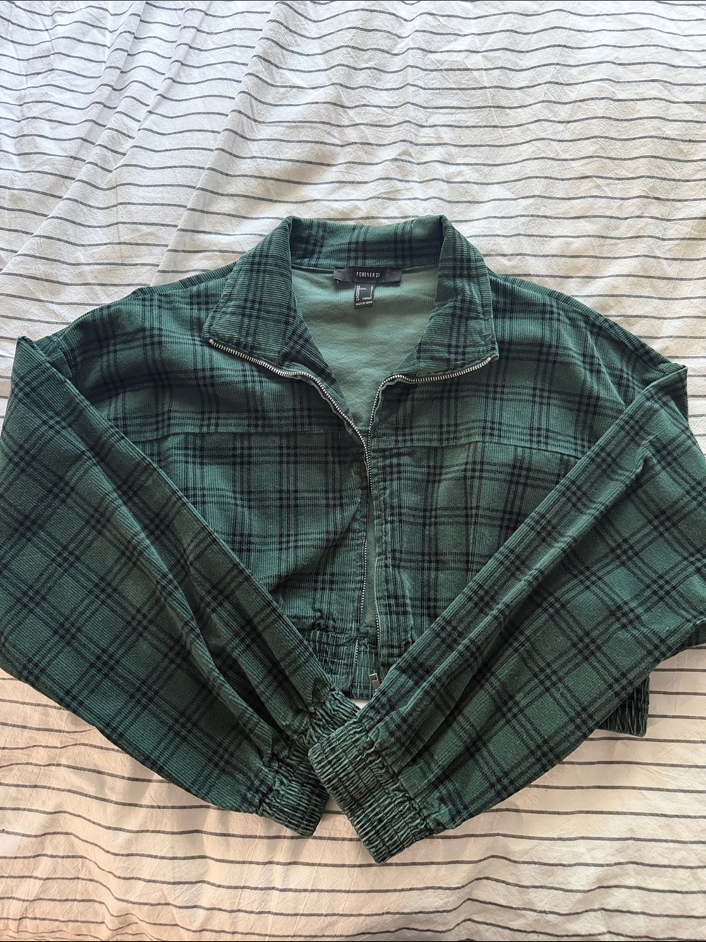 Forever 21 Dark Green Plaid Half-Zip Bomber Jacket